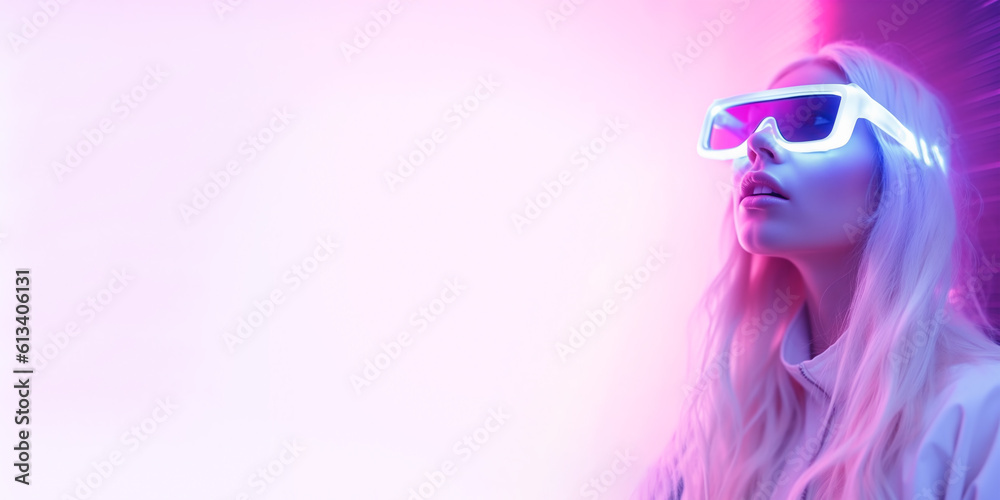 Woman wearing goggles with on neon pink background. Female wearing VR headset watching video. Banner, copy space. Generative AI. . High quality illustration