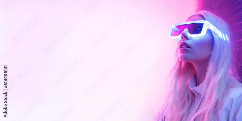 Woman wearing goggles with on neon pink background. Female wearing VR headset watching video. Banner, copy space. Generative AI. . High quality illustration Woman wearing goggles with on neon pink background. Female wearing VR headset watching video. Banner, copy space. Generative AI. . High quality illustration