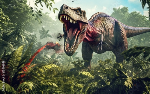 Tyrannosaurus rex dinosaur 3d in the jungle. Generative AI. © hugo