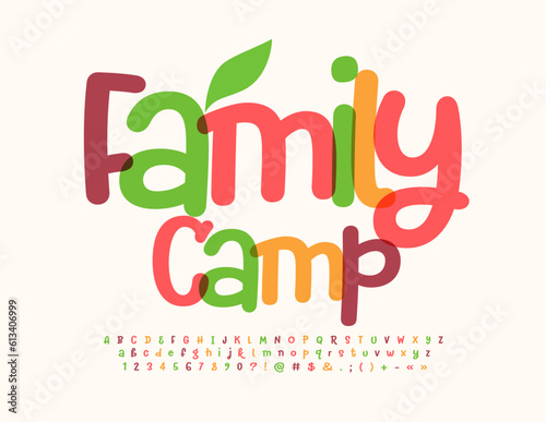 Vector bright emblem Family Camp with decorative Leaf. Watercolor Alphabet Letters, Numbers and Symbols set. Creative handwritten Font