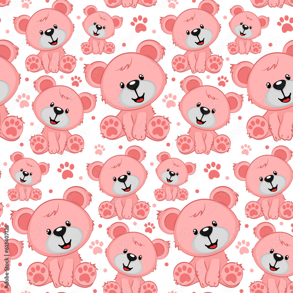Seamless pattern with pink bears of different sizes. Cartoon cute bears on a white background with pink paw prints. Printing on textiles and paper. Gift wrapping for the holiday