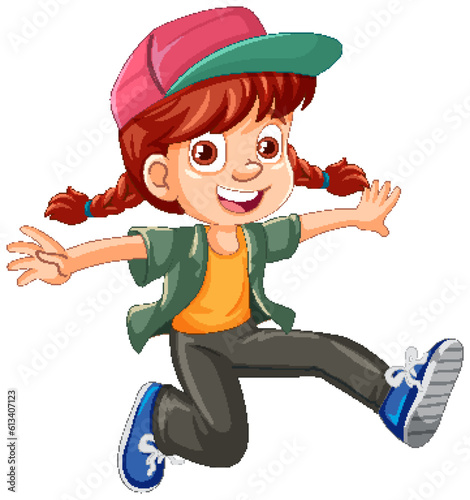 Urban girl wearing cap jumping cartoon character