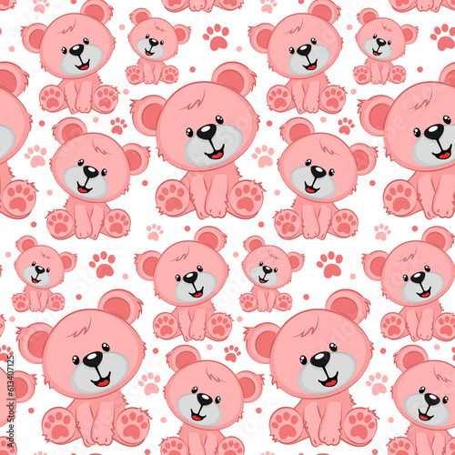Seamless pattern with pink bears of different sizes. Cartoon cute bears on a white background with pink paw prints. Printing on textiles and paper. Gift wrapping for the holiday