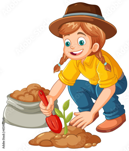 Farmer planting small plant on the ground isolated