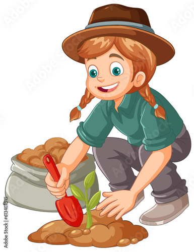 Farmer planting small plant on the ground isolated