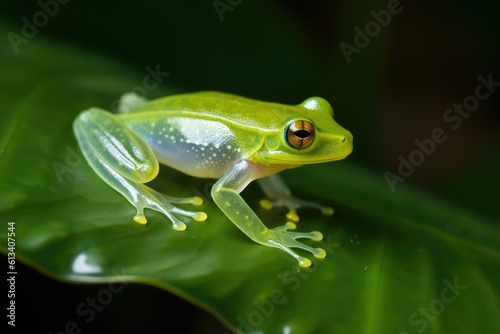 Green frog on a leaf. Generative AI.
