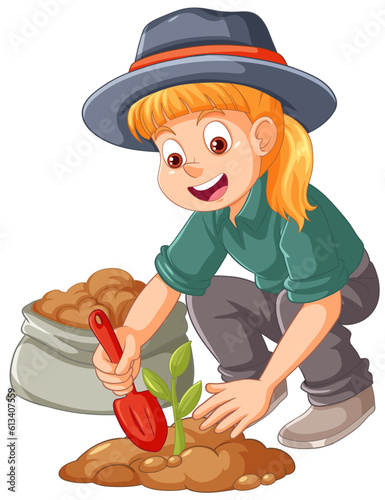 Farmer planting small plant on the ground isolated