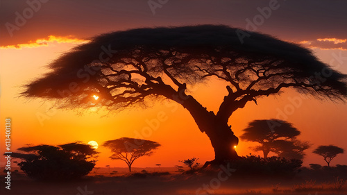 Silhouette of acacia tree in african sunset. Generative AI