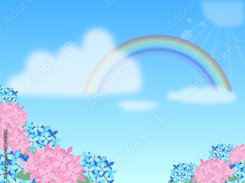 雨上がりの青空と虹、紫陽花の花