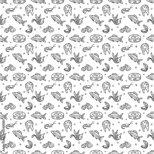 Seamless seafood pattern. Drawn seafood background