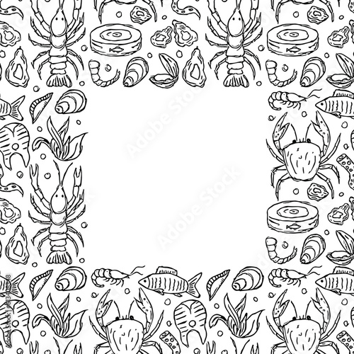 Seafood background. Drawn seafood illustration with place for text