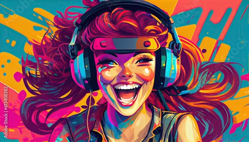 Woman online gamer colorful cartoon style illustration. Generative AI.