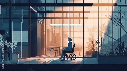 WOMAN IN A WHEELCHAIR IN A WHEELCHAIR-ACCESSIBLE OFFICE. GENERATIVE AI.
