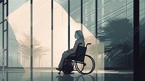 WOMAN IN A WHEELCHAIR IN A WHEELCHAIR-ACCESSIBLE OFFICE. GENERATIVE AI.