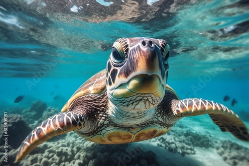Happy Sea Turtle in a Serene Swim - Joyful Marine Life and Aquatic Delight, Generative AI