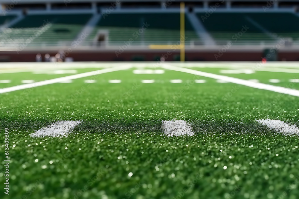 corner of a football field, green grass, white lines, perspective view