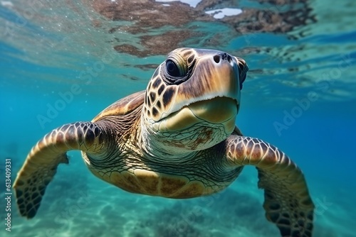 Happy Sea Turtle in a Serene Swim - Joyful Marine Life and Aquatic Delight, Generative AI © Haider