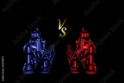Scacchi blu versus scacchi rossi, lotta tra il bene e il male , due schieramenti opposti pronti per la battaglia, Intelligenza artificiale generativa. photo