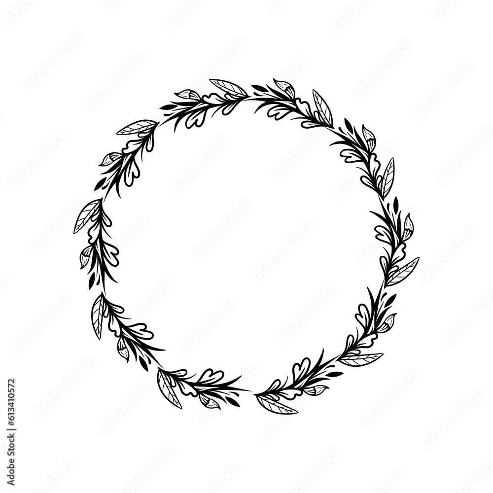 Floral Wreath branch in hand drawn style. Floral round black and white frame of twigs, leaves and flowers. Frames for the Valentine's day, wedding decor, logo and identity template. Floral Wreath branch in hand drawn style. Floral round black and white frame of twigs, leaves and flowers. Frames for the Valentine's day, wedding decor, logo and identity template.