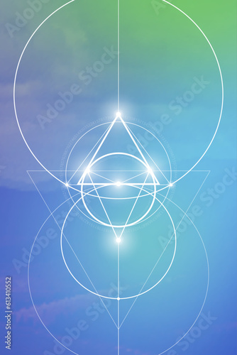 Sacred geometry spiritual new age futuristic illustration with transmutation interlocking circles, triangles and glowing particles