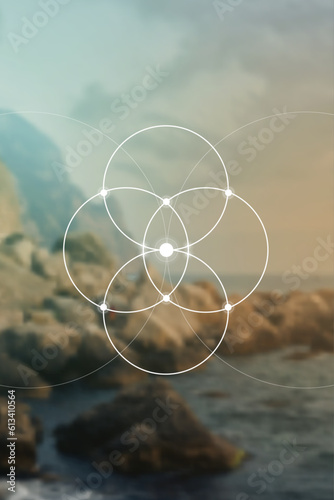 Flower of life. Tree of life. Sacred geometry spiritual new age futuristic illustration with transmutation interlocking circles, triangles and glowing particles