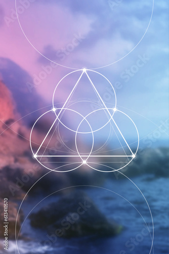 Flower of life. Tree of life. Sacred geometry spiritual new age futuristic illustration with transmutation interlocking circles, triangles and glowing particles