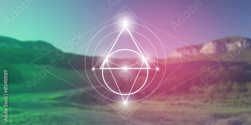 Sacred geometry spiritual new age futuristic illustration with transmutation interlocking circles, triangles and glowing particles