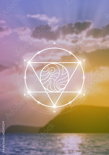 Sacred geometry spiritual new age futuristic illustration with transmutation interlocking circles, triangles and glowing particles