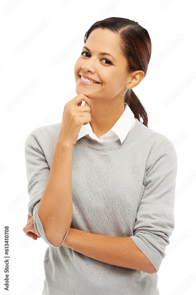 Business, woman and portrait of thinking, idea or person with solution or hand on face on transparent, isolated or png background. Solution, girl with strategy or planning for career and future Business, woman and portrait of thinking, idea or person with solution or hand on face on transparent, isolated or png background. Solution, girl with strategy or planning for career and future