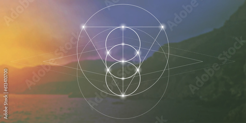 Sacred geometry spiritual new age futuristic illustration with transmutation interlocking circles, triangles and glowing particles