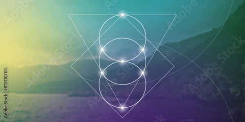 Sacred geometry spiritual new age futuristic illustration with transmutation interlocking circles, triangles and glowing particles