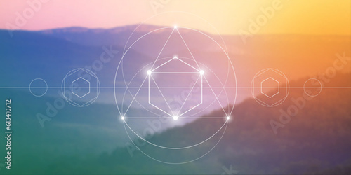 Sacred geometry spiritual new age futuristic illustration with transmutation interlocking circles, triangles and glowing particles
