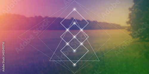 Sacred geometry spiritual new age futuristic illustration with transmutation interlocking circles, triangles and glowing particles