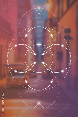 Flower of life. Tree of life. Sacred geometry spiritual new age futuristic illustration with transmutation interlocking circles, triangles and glowing particles
