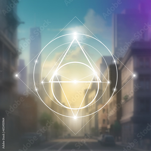 Sacred geometry spiritual new age futuristic illustration with transmutation interlocking circles, triangles and glowing particles