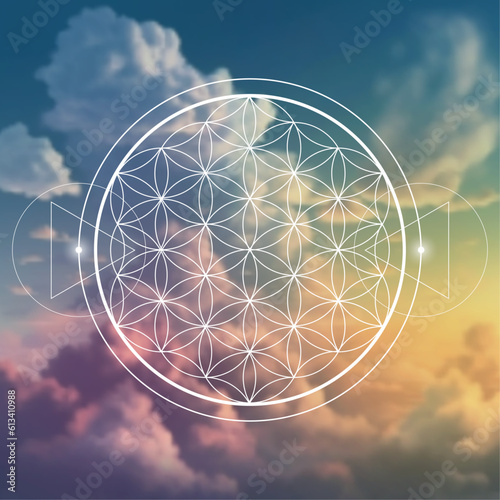 Flower of life. Tree of life. Sacred geometry spiritual new age futuristic illustration with transmutation interlocking circles, triangles and glowing particles