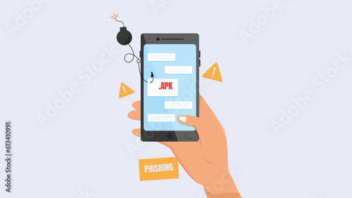Cyber Crime Concept, Phishing Scam Application on Mobile Phone Screen Communication Messages, Vector Flat Illustration