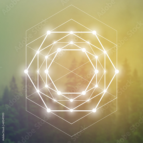 Sacred geometry spiritual new age futuristic illustration with transmutation interlocking circles, triangles and glowing particles