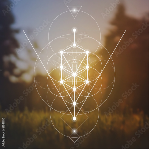 Flower of life. Tree of life. Sacred geometry spiritual new age futuristic illustration with transmutation interlocking circles, triangles and glowing particles