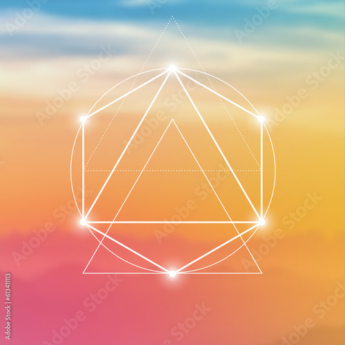 Sacred geometry spiritual new age futuristic illustration with transmutation interlocking circles, triangles and glowing particles