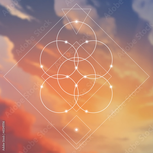 Flower of life. Tree of life. Sacred geometry spiritual new age futuristic illustration with transmutation interlocking circles, triangles and glowing particles