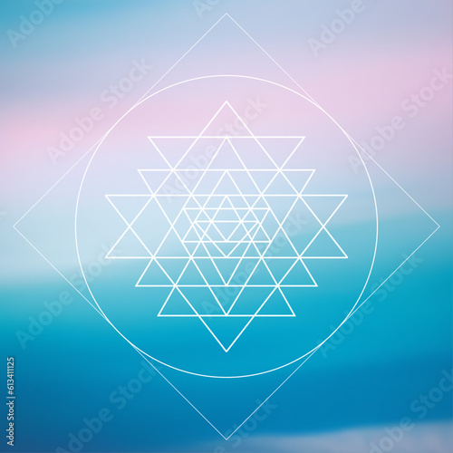 Sri Yantra. Sacred geometry spiritual new age futuristic illustration with transmutation interlocking circles, triangles and glowing particles