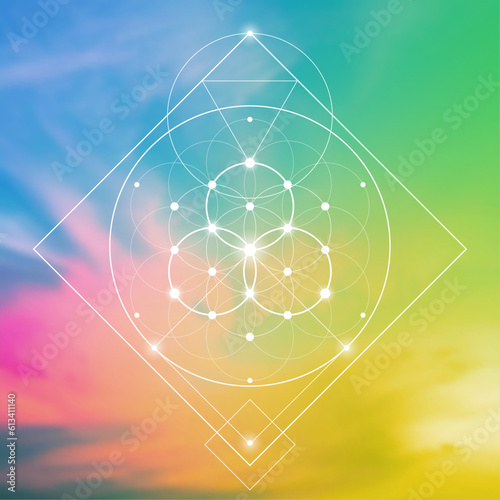 Flower of life. Tree of life. Sacred geometry spiritual new age futuristic illustration with transmutation interlocking circles, triangles and glowing particles