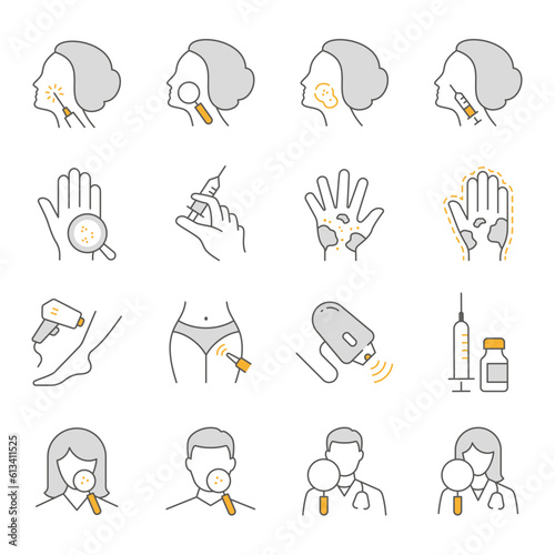 Icons for dermatological conditions such as acne, eczema, psoriasis, sunburns and more. Editable stroke.