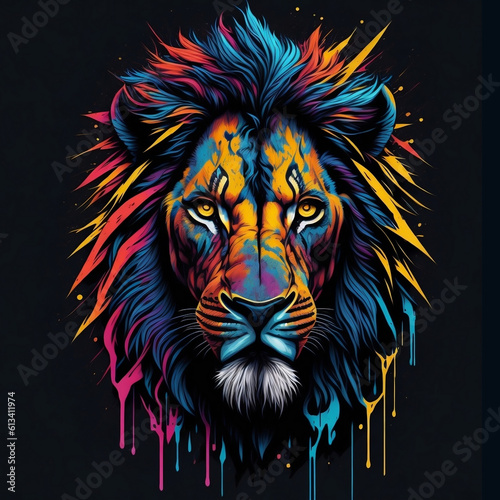 vector illustration of colorful graffiti lion animal head symmetrical splash background. AI Generated © mohammad