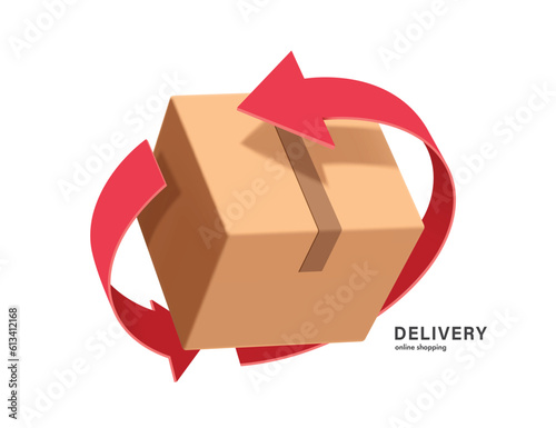 red arrow rotates around parcel box or cardboard box to represent recycling of paper or to signify that parcel box is being returned to sender