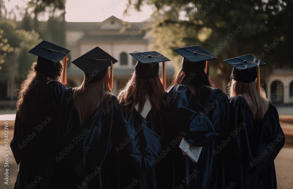 Group of students standing outside in caps for graduation. Generative ai