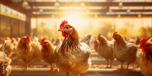 Close Up Chicken on Sunny Light Background, Egg Chickens Farm. Generative Ai