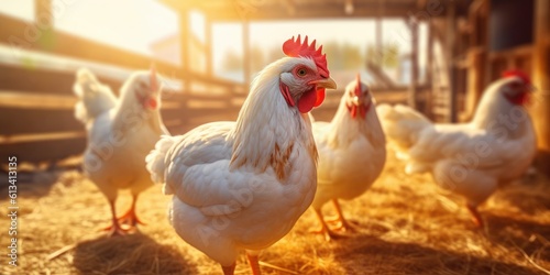 Close Up Chicken on Sunny Light Background, Egg Chickens Farm. Generative Ai