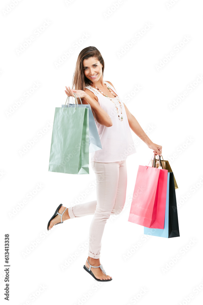 Woman, jump with shopping bag and retail, smile in portrait and mall with fashion isolated on transparent png background. Happy customer, commerce and female model with store purchase discount Woman, jump with shopping bag and retail, smile in portrait and mall with fashion isolated on transparent png background. Happy customer, commerce and female model with store purchase discount